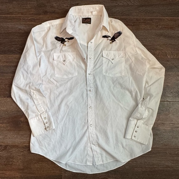 1990s Men’s White Pearl Snap Plain’s Western Wear Eagle Embroidered Dress Shirt - Picture 1 of 6